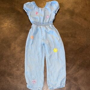 Peek Girls Light Blue Denim Jumpsuit with Floral Embroidery
